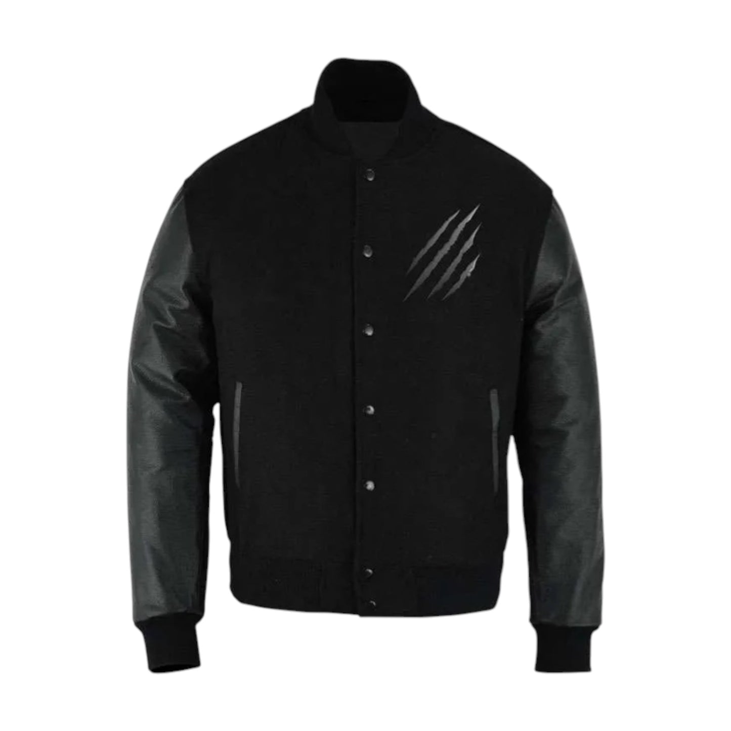 Black varsity jacket with a visible scratch on a white background