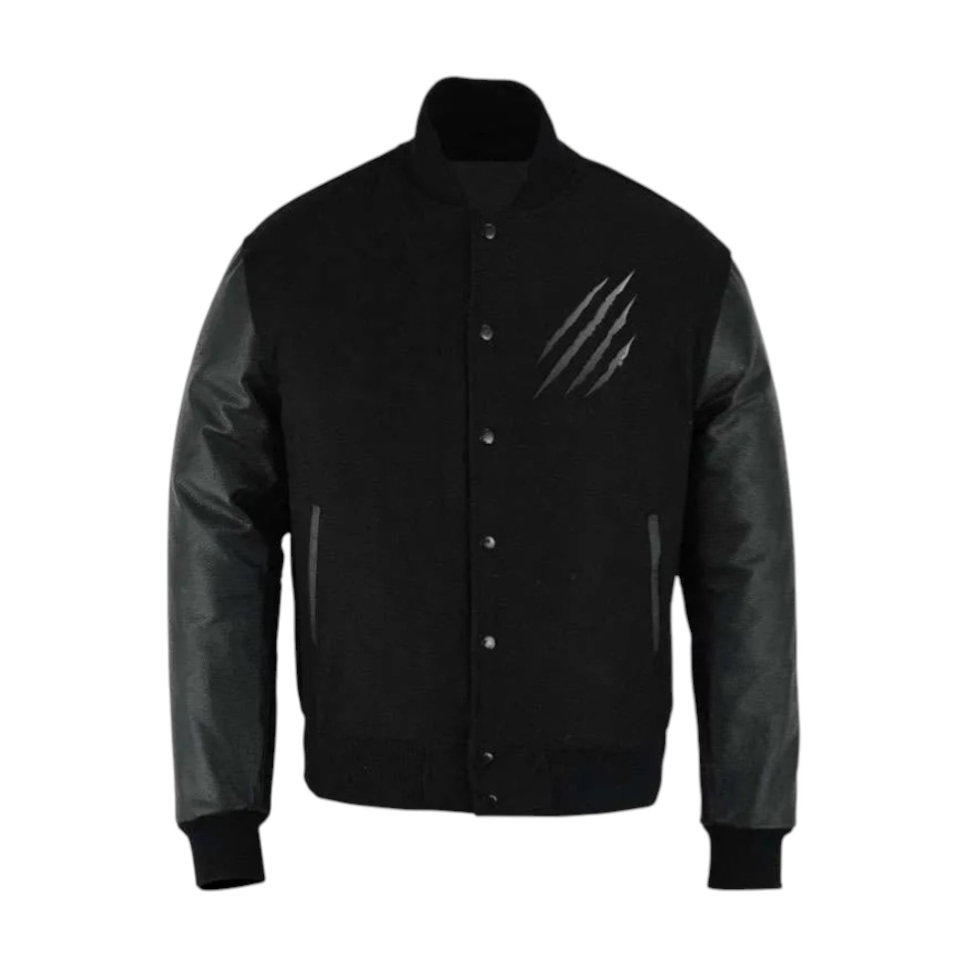 Black varsity jacket with a visible scratch on a white background
