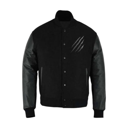 Black varsity jacket with a visible scratch on a white background
