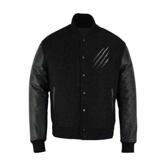 Black varsity jacket with a visible scratch on a white background