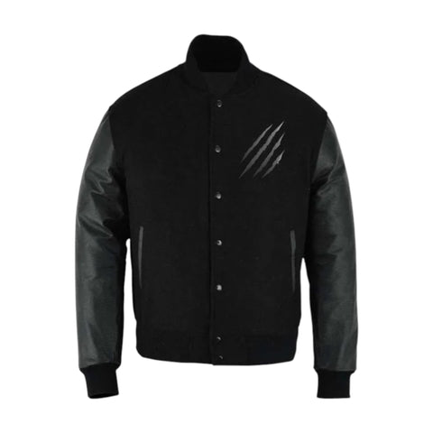 Black varsity jacket with a visible scratch on a white background