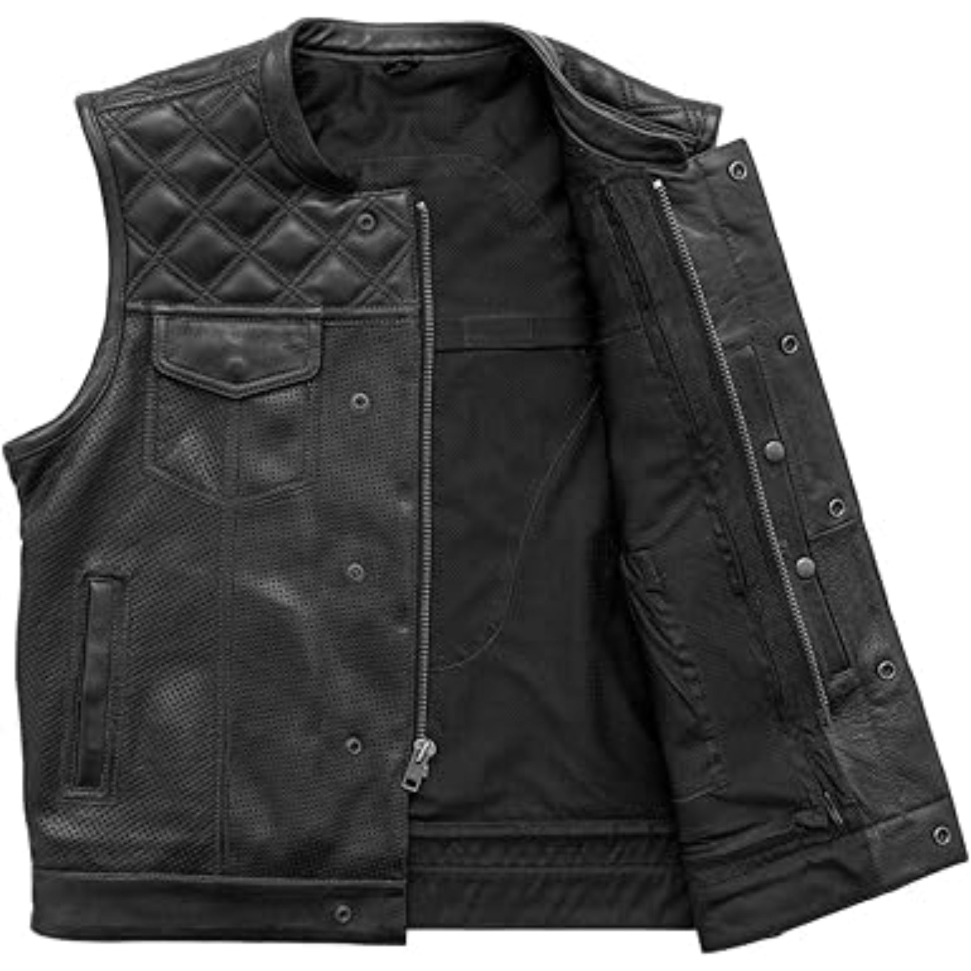 Black leather vest with quilted design on a white background