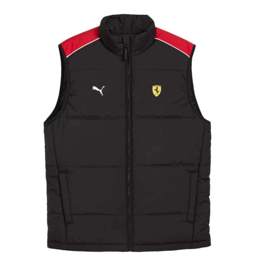 Black puffer vest with red accents and Puma and Ferrari logos on a white background