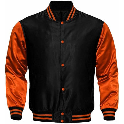 Black and orange varsity jacket on a white background