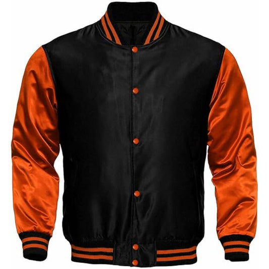Black and orange varsity jacket on a white background