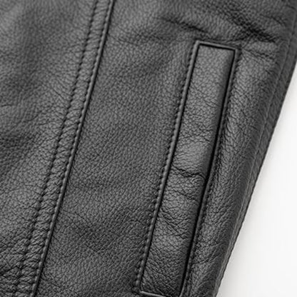 Close-up of black leather texture with stitching detail