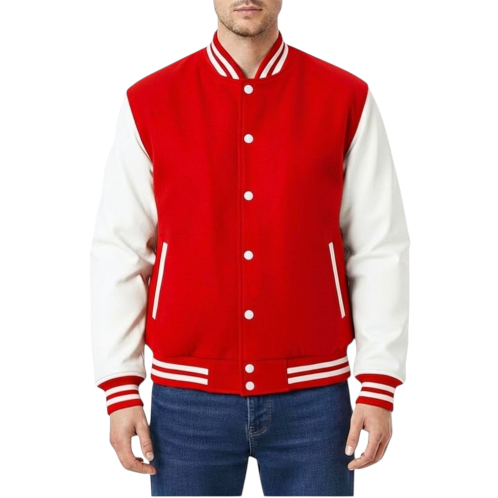 Red and white varsity jacket worn by a person on a white background