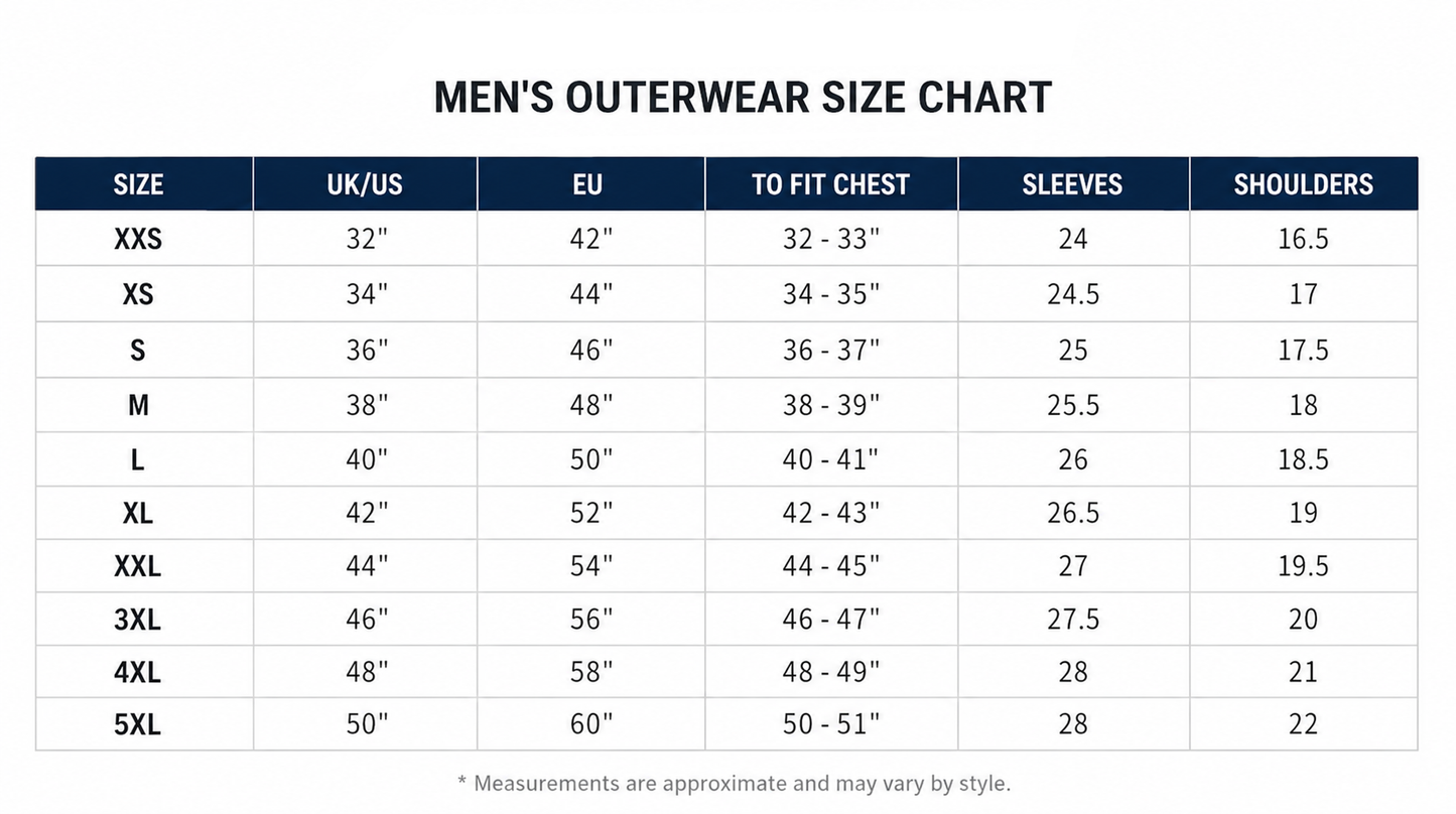 Men's outerwear size chart with measurements for chest, sleeves, and shoulders.