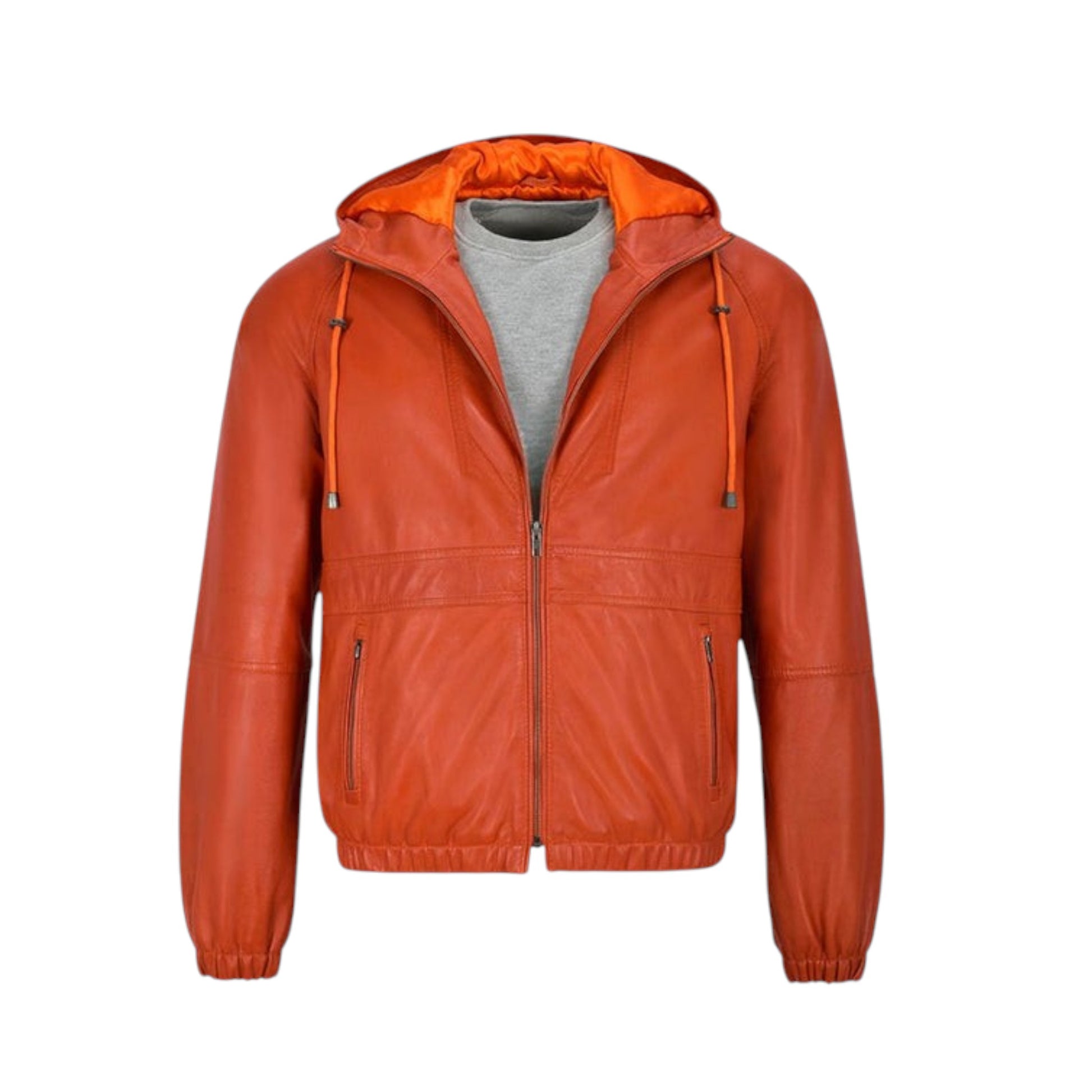 Orange leather jacket with a hood on a white background