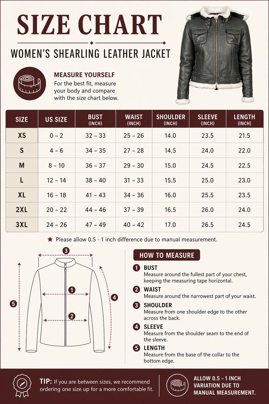 Size chart for women's shearing leather jacket with measurements and illustrations.
