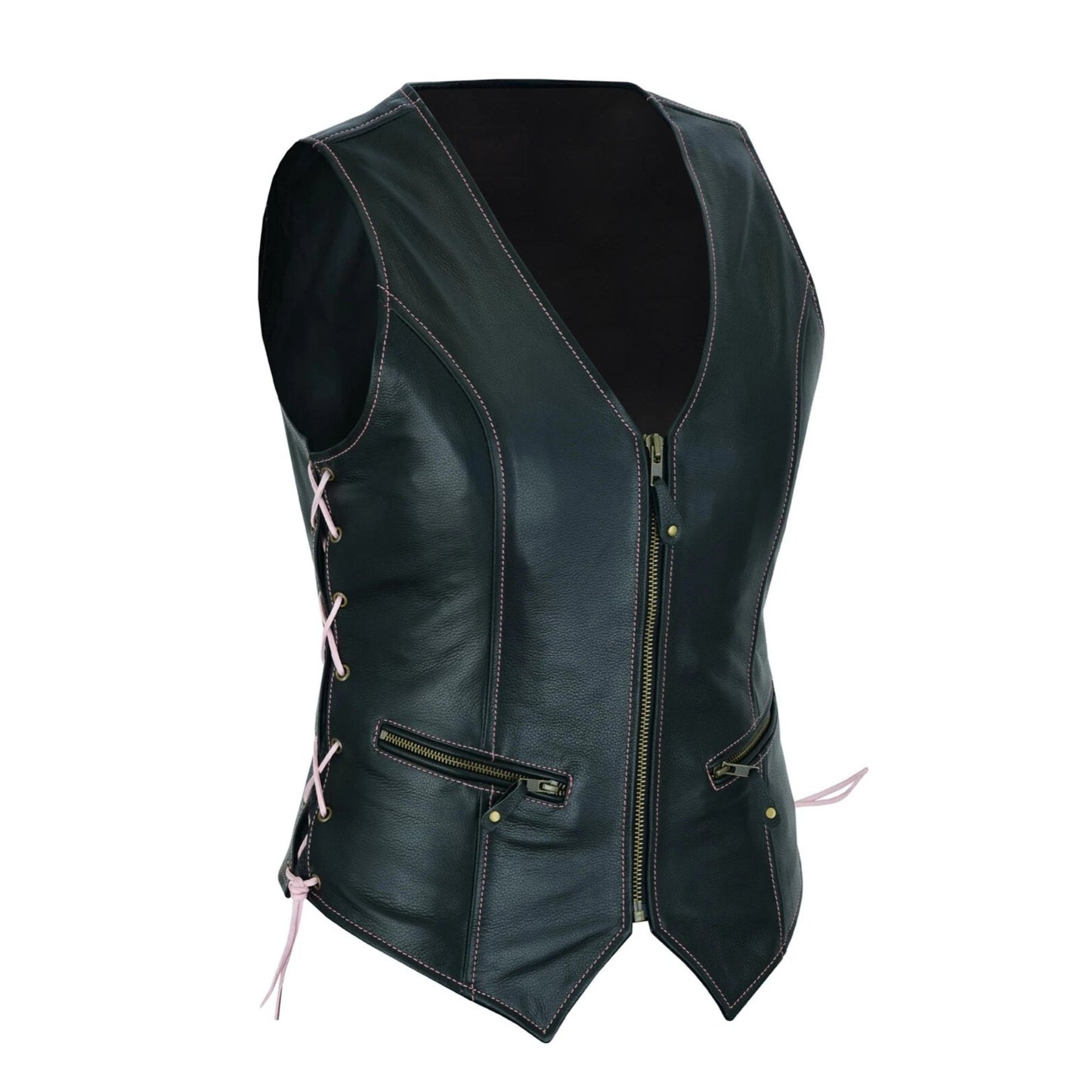 Black leather vest with lace-up front on a white background