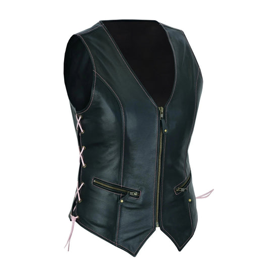 Black leather vest with lace-up front on a white background