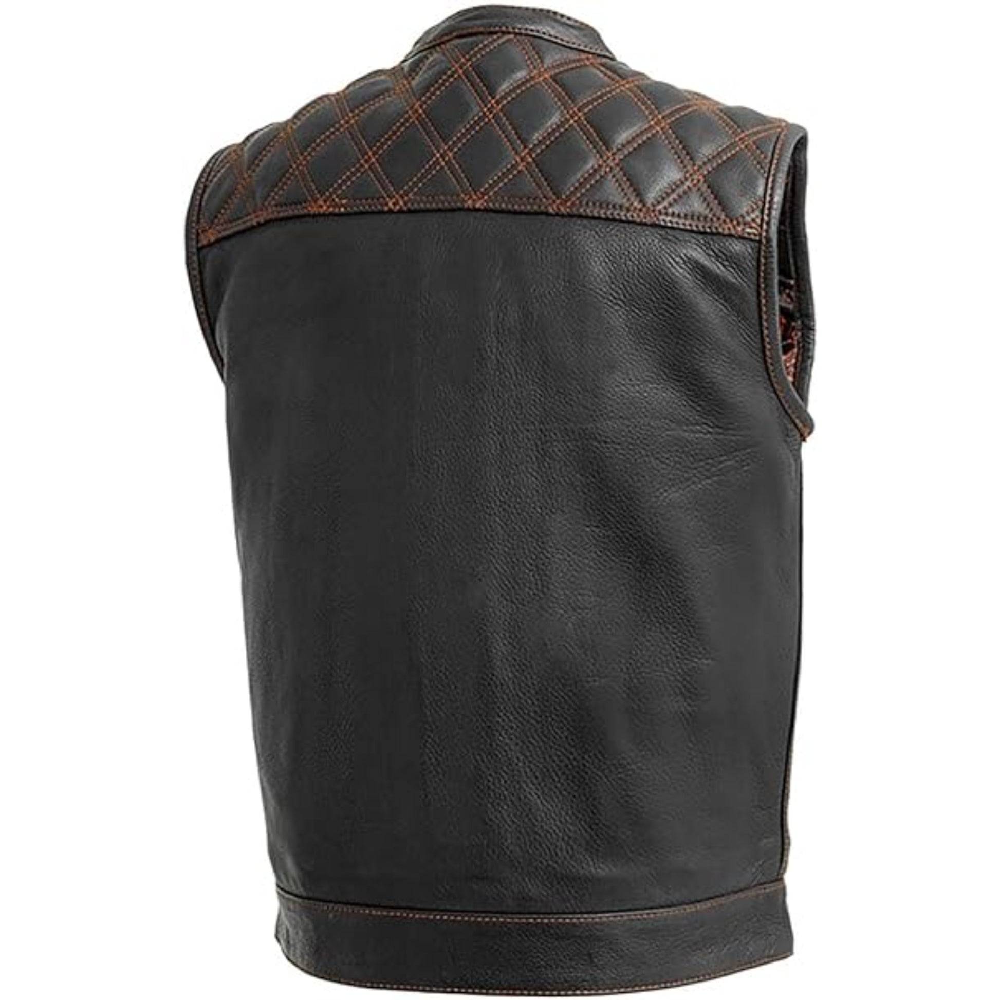 Black leather vest with brown quilted shoulder panels on a white background