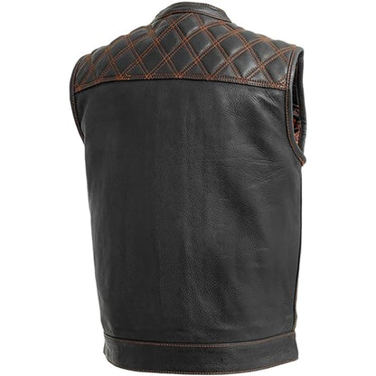 Black leather vest with brown quilted shoulder panels on a white background