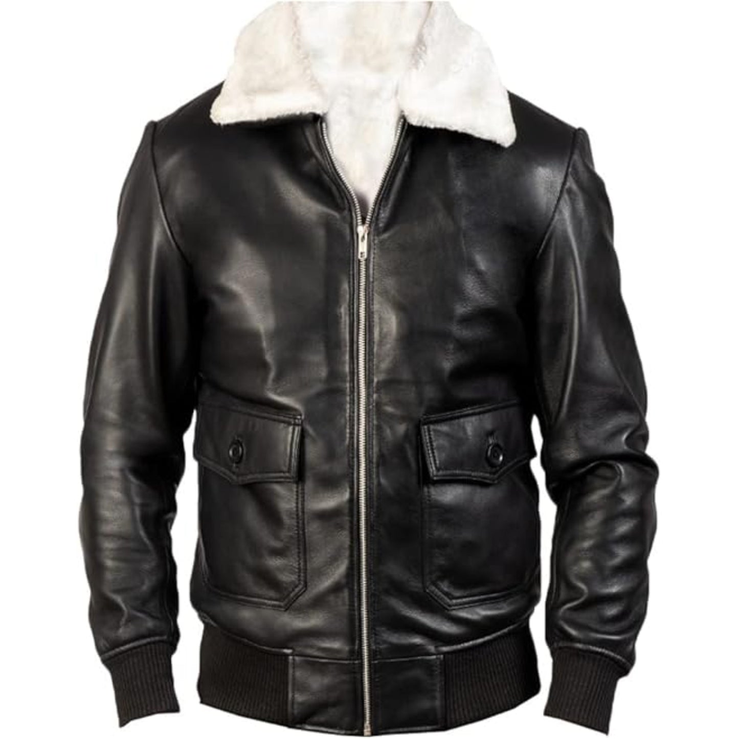Black leather jacket with white fur collar on a white background