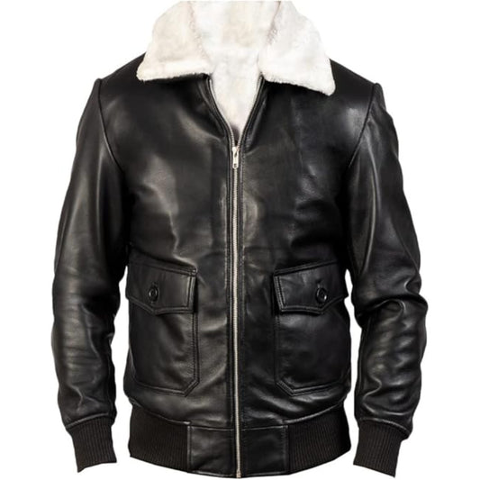 Black leather jacket with white fur collar on a white background