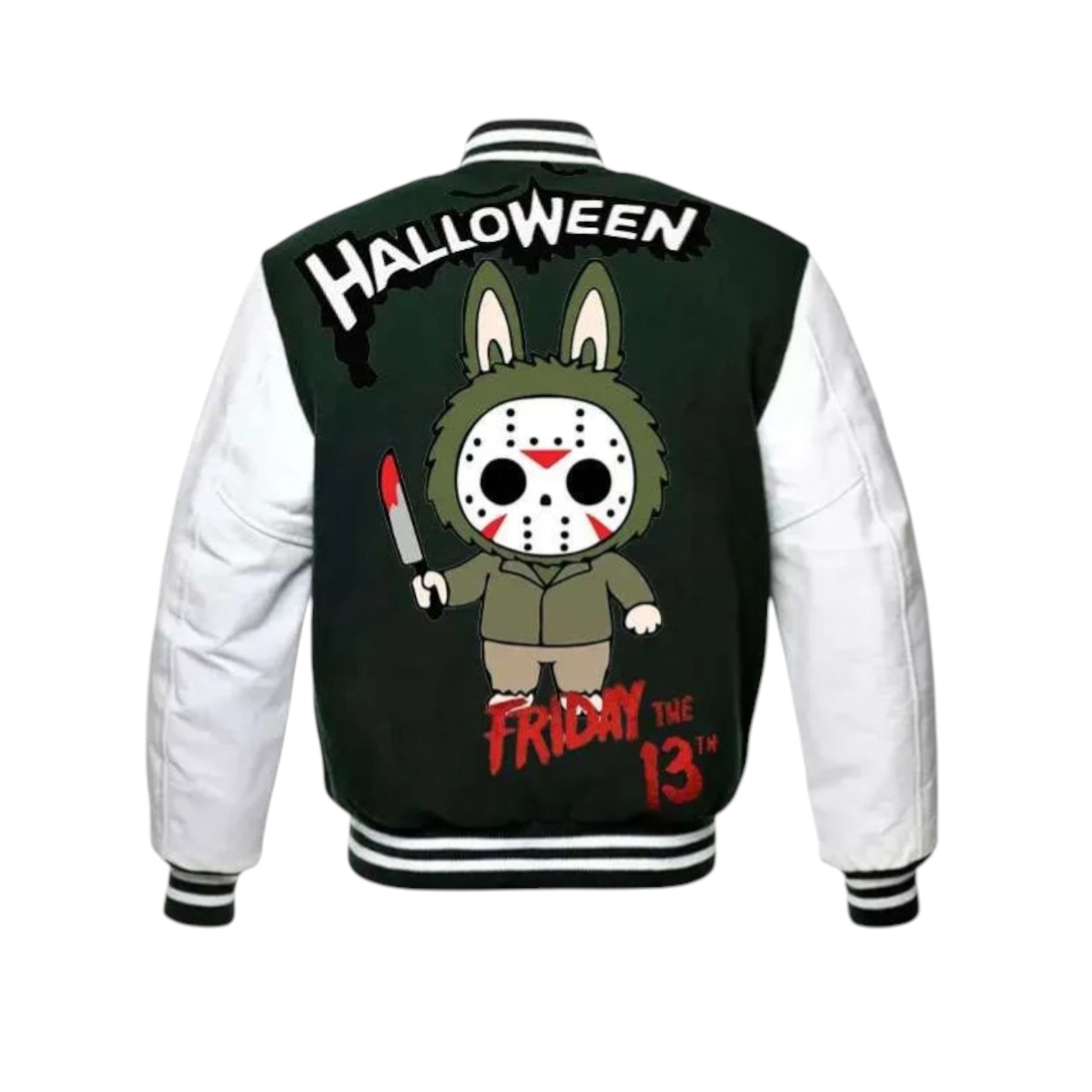 Varsity jacket with Halloween and 'Friday the 13th' design on a white background