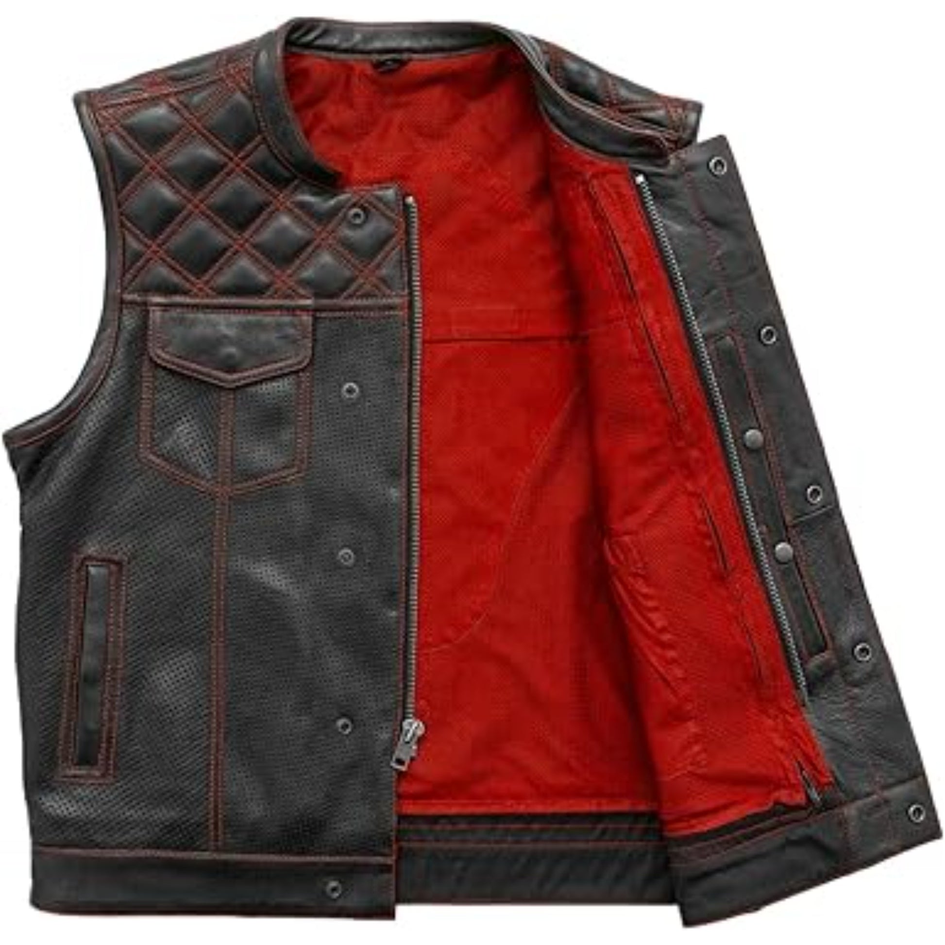 Black leather vest with red lining on a white background