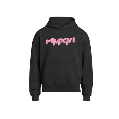 Black hoodie with pink text on a white background
