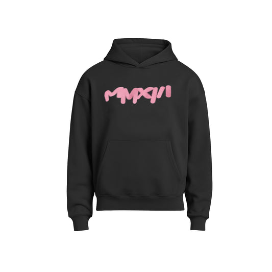 Black hoodie with pink text on a white background
