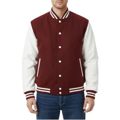 Premium Wine Red & White Varsity Letterman Athletic Bomber Jacket
