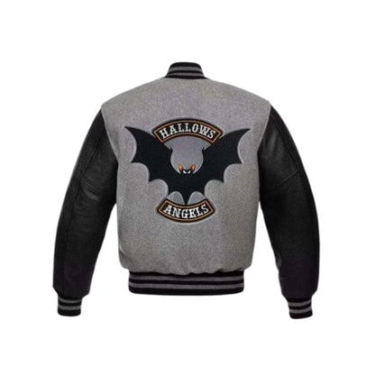 Gray and black varsity jacket with a bat design and 'Hallows Angels' text on the back.