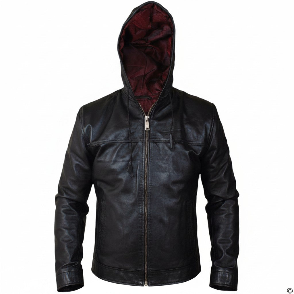 Black leather jacket with a hood on a white background