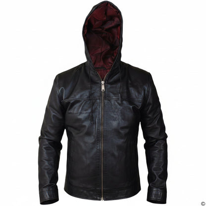 Black leather jacket with a hood on a white background