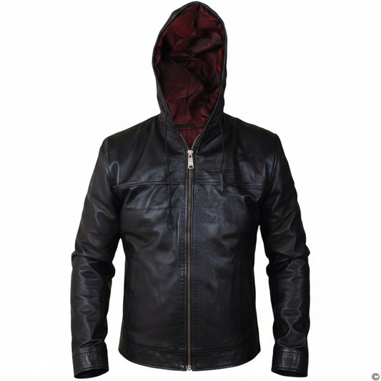 Black leather jacket with a hood on a white background