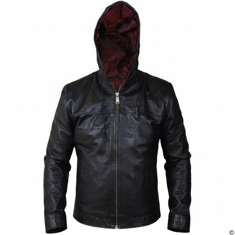 Black leather jacket with a hood on a white background