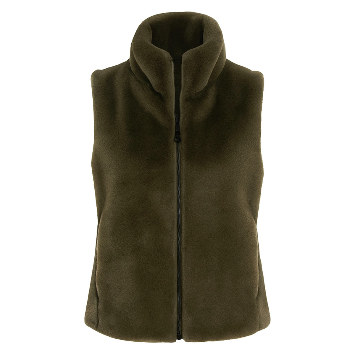 Olive Zip-Up Vest with Le Mink Faux Fur Trim Stylish & Cozy