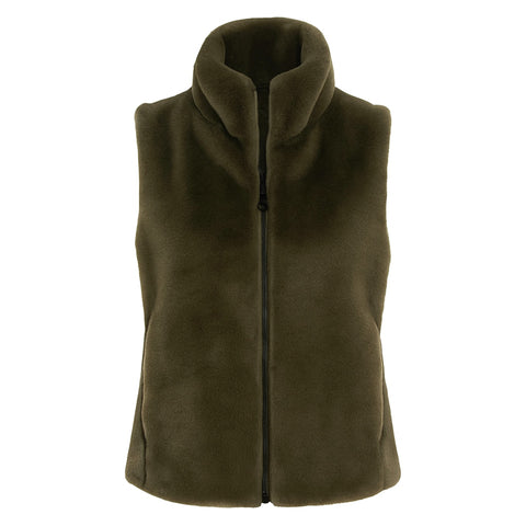 Olive Zip-Up Vest with Le Mink Faux Fur Trim Stylish & Cozy