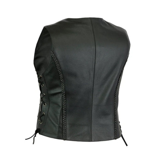 Women’s Black Biker Leather Vest – Concealed Carry Cowhide