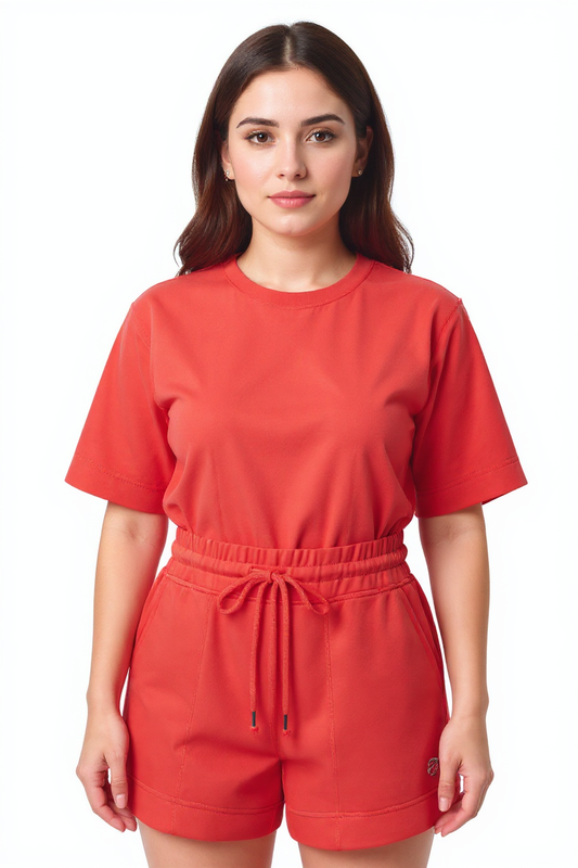 Woman wearing a red outfit on a white background