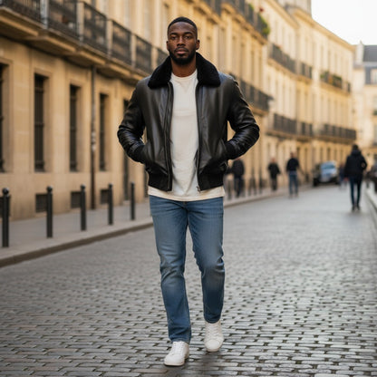 Man walking on a cobblestone street wearing a black leather jacket, white shirt, blue jeans, and white sneakers.