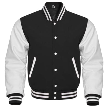 Black and white varsity jacket with buttons on a white background