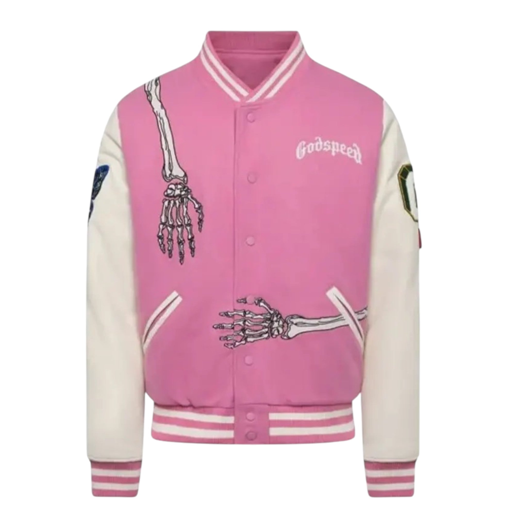 Pink varsity jacket with skeleton design and 'Godspeed' text on a white background