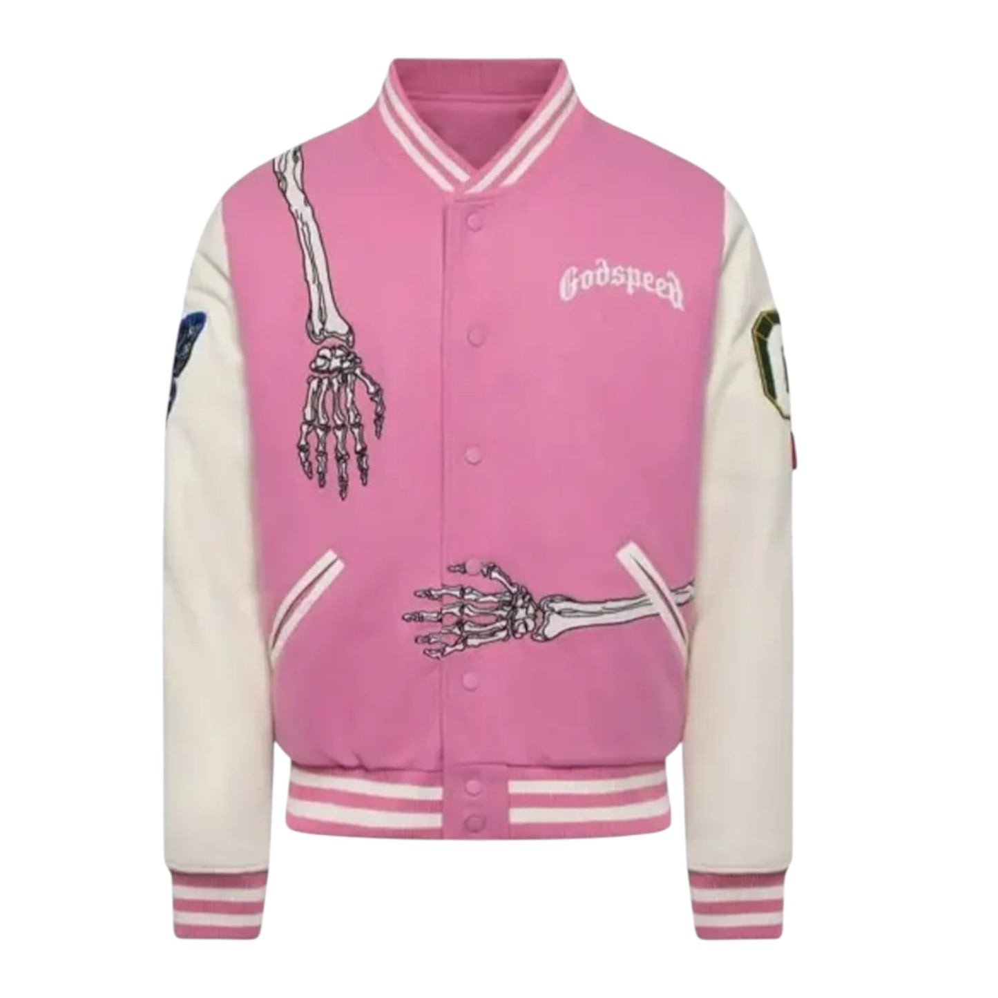 Pink varsity jacket with skeleton design and 'Godspeed' text on a white background