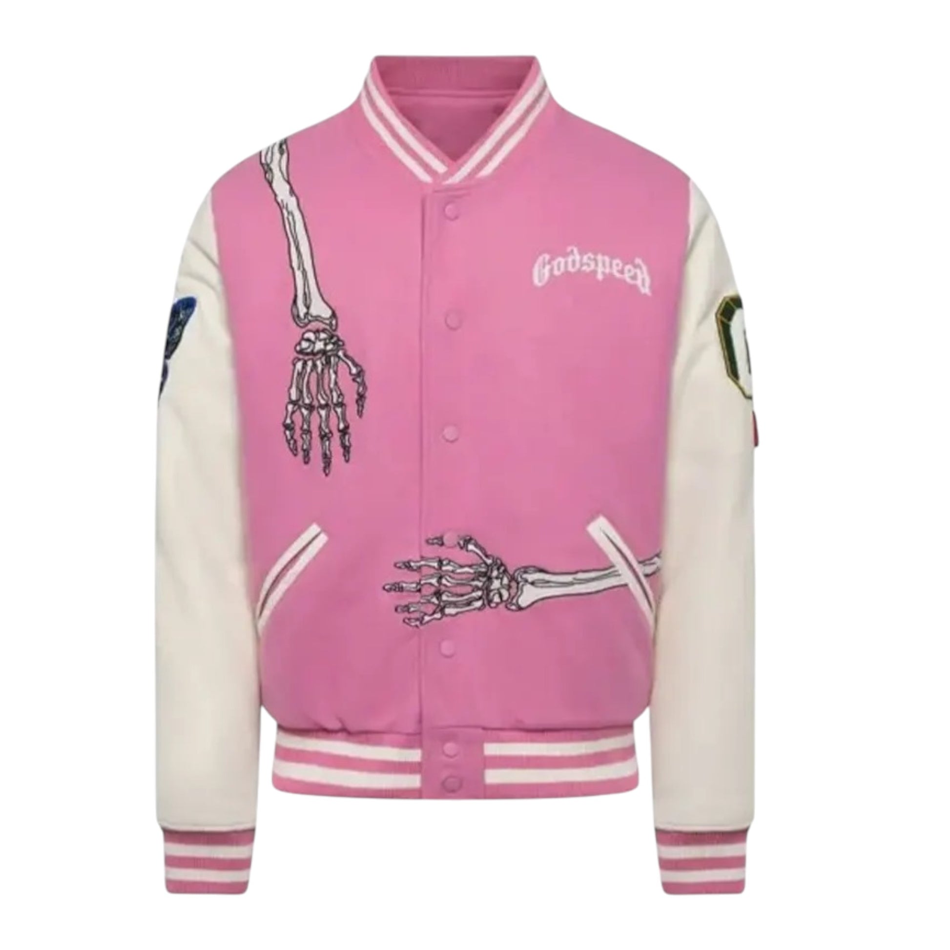 Pink varsity jacket with skeleton design and 'Godspeed' text on a white background