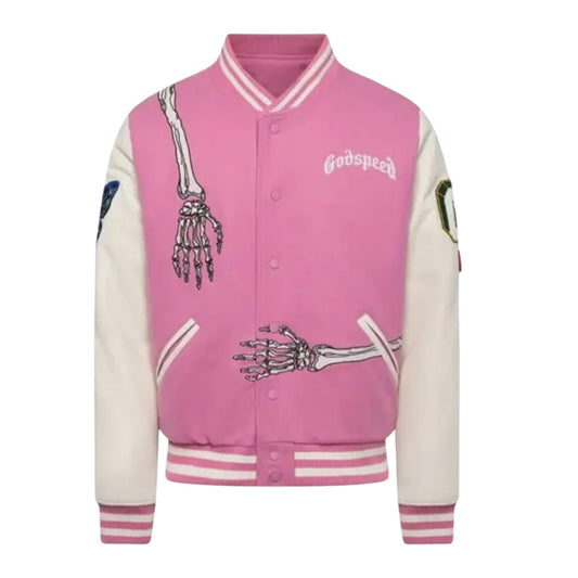 Pink varsity jacket with skeleton design and 'Godspeed' text on a white background