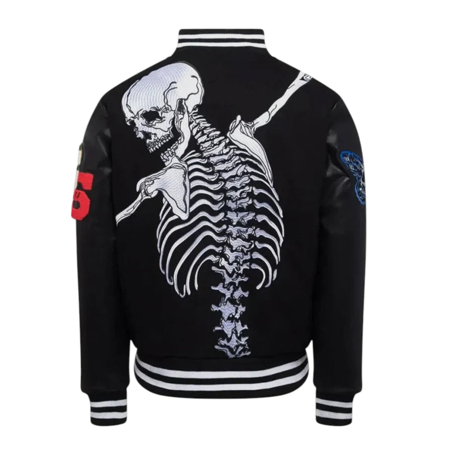 Black jacket with skeleton design on the back against a white background