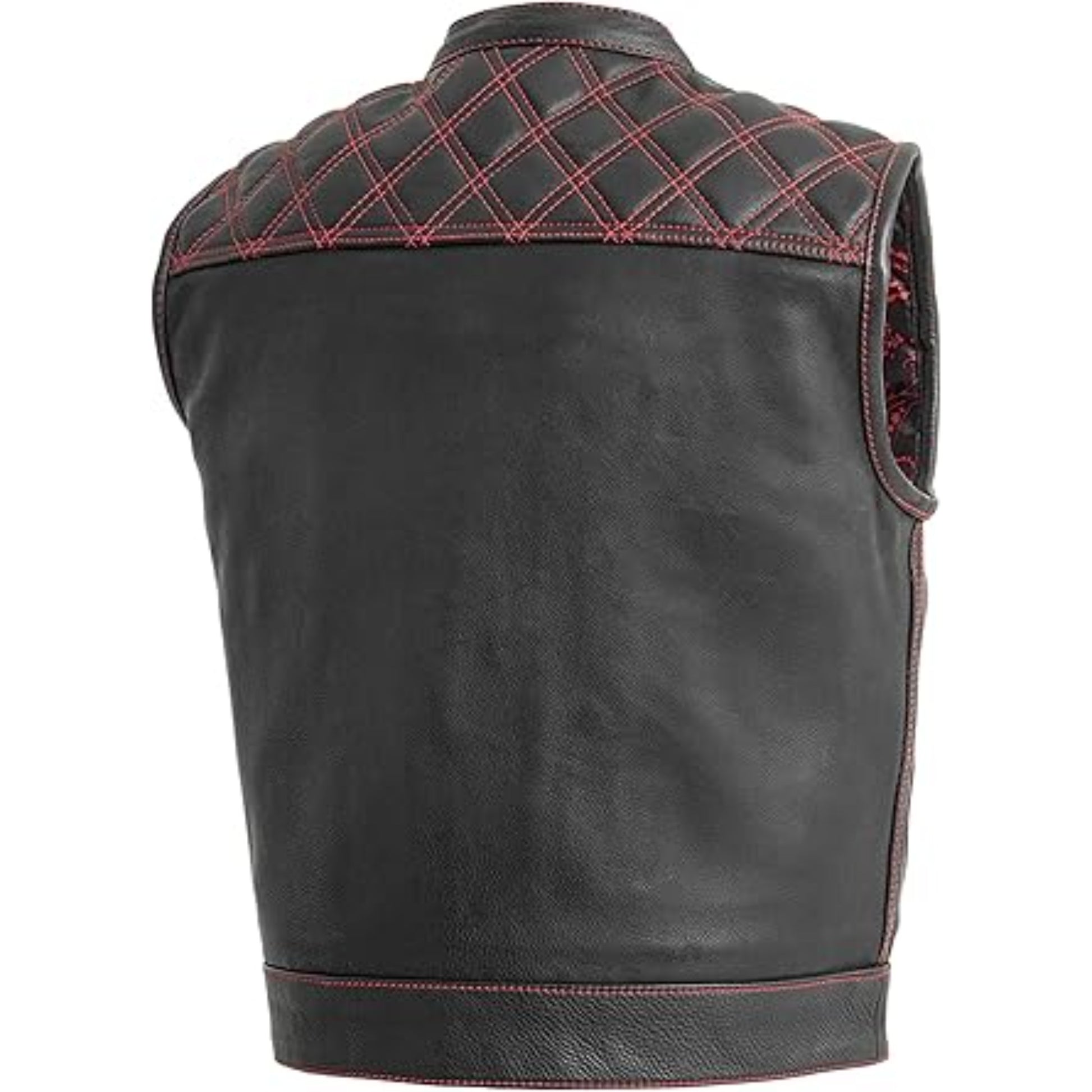 Black leather vest with red stitching on a white background
