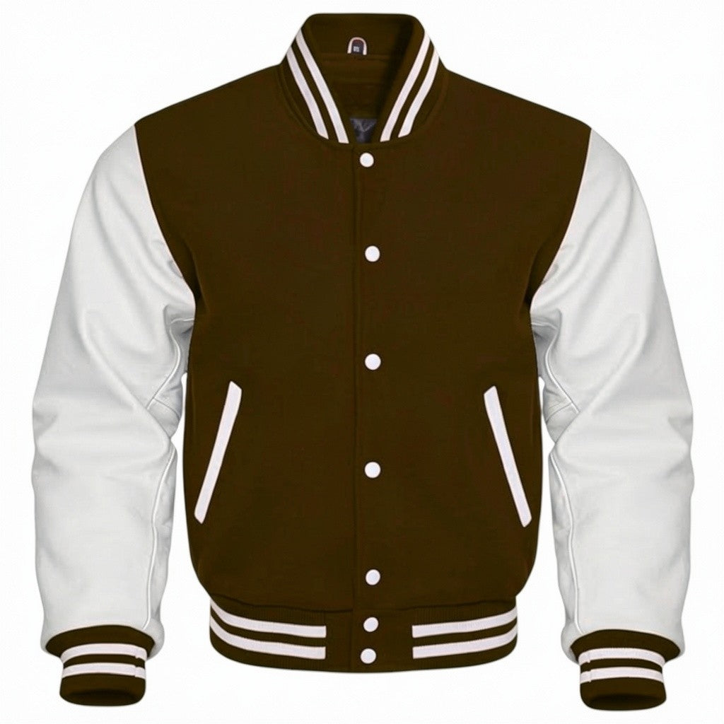 Brown and white varsity jacket on a white background