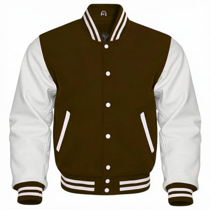 Brown and white varsity jacket on a white background