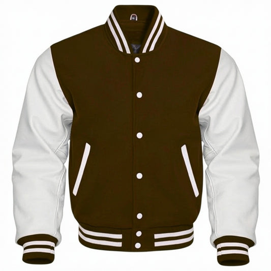 Brown and white varsity jacket on a white background