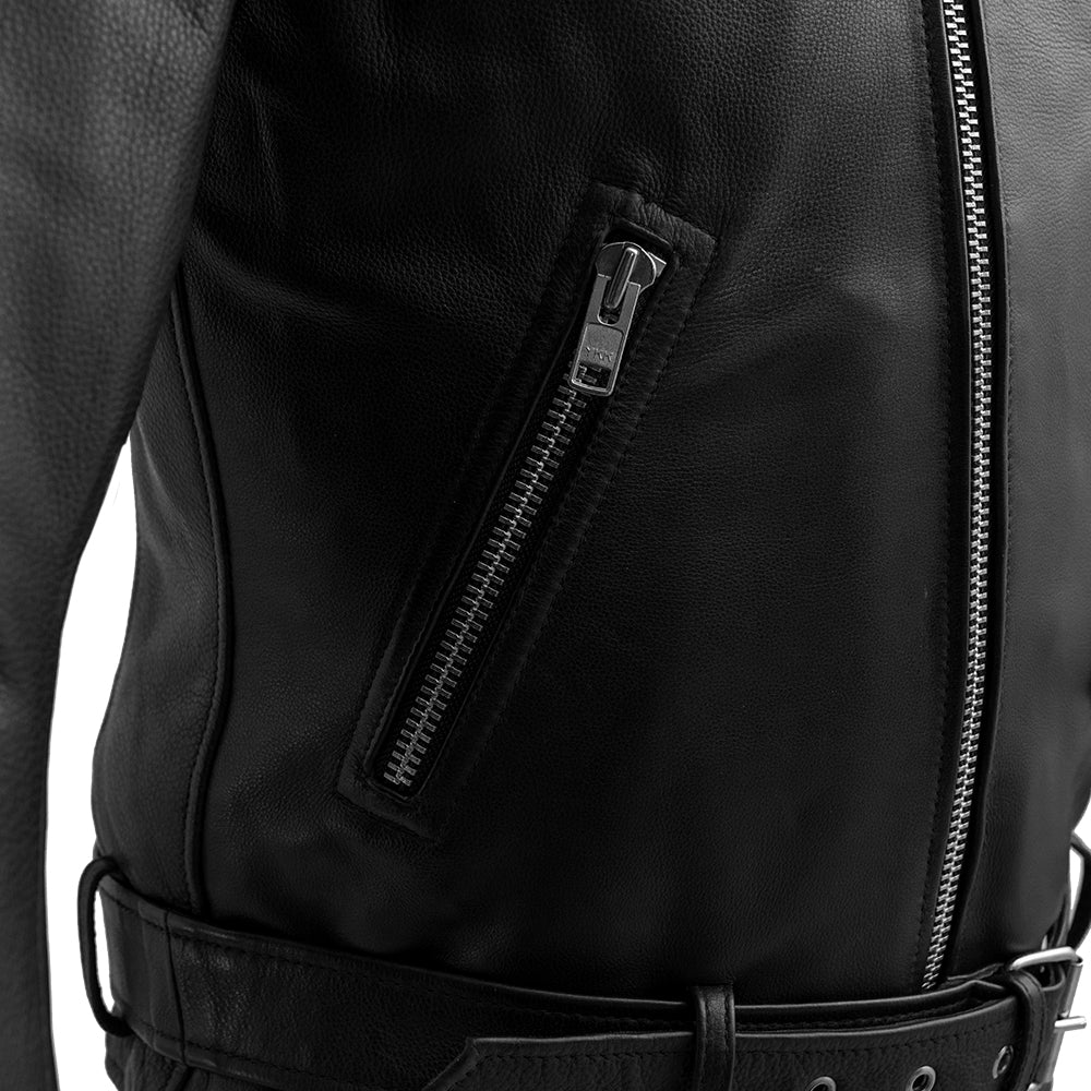 Close-up of a black leather jacket with zippers on a white background