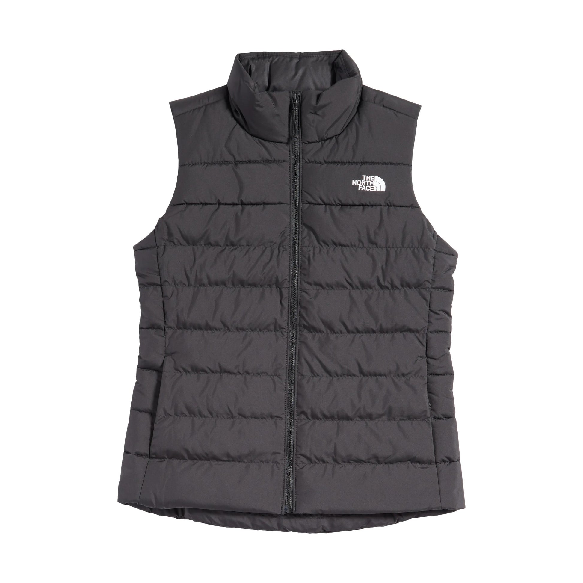 Gray puffer vest with The North Face logo on a white background