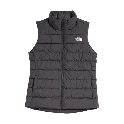 Gray puffer vest with The North Face logo on a white background