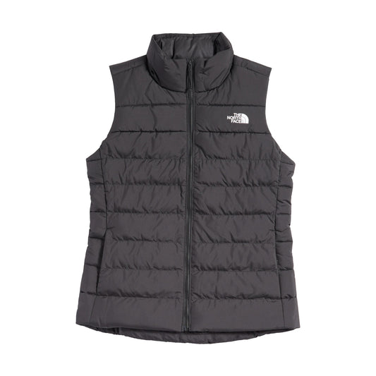 Gray puffer vest with The North Face logo on a white background