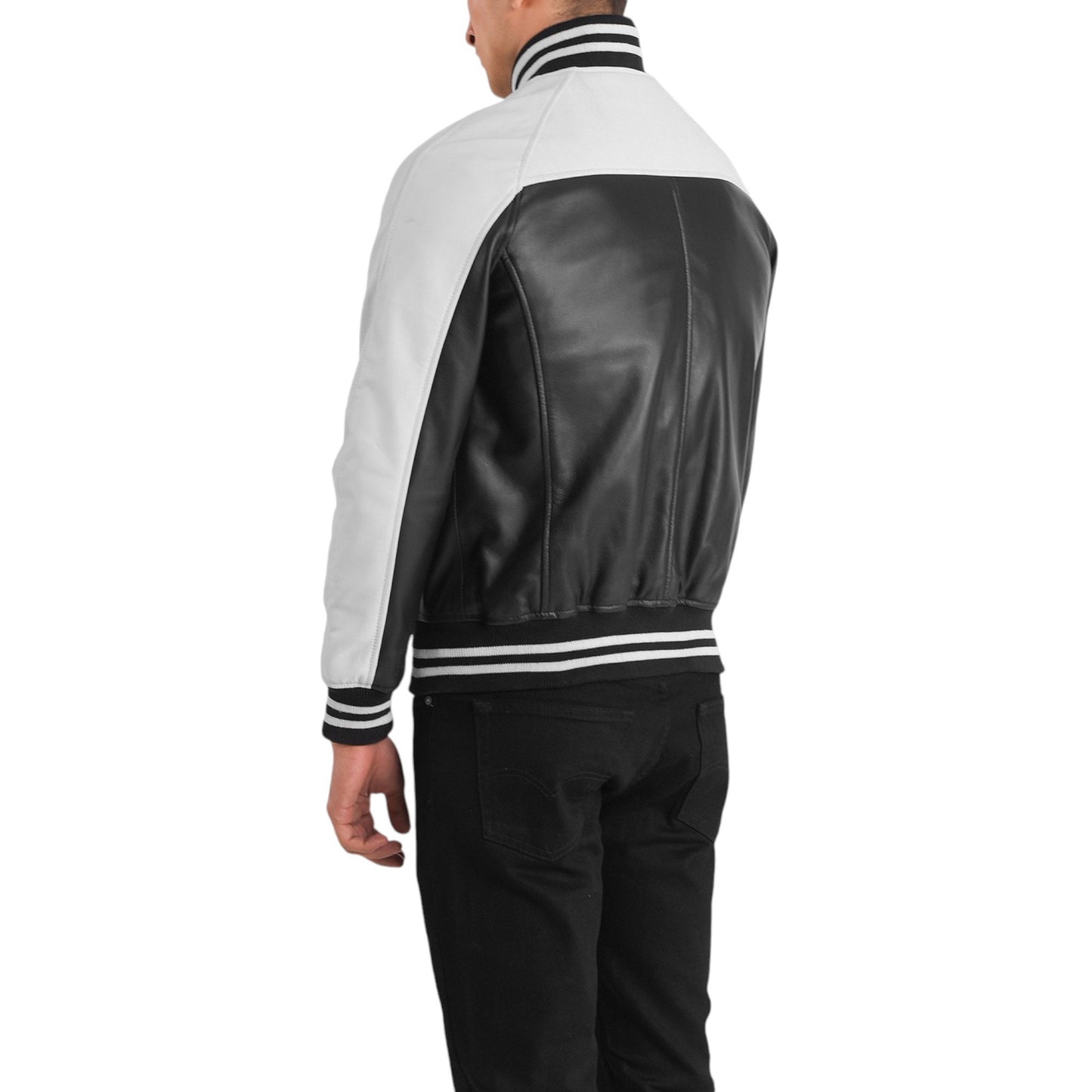 Person wearing a black and white jacket with a white background